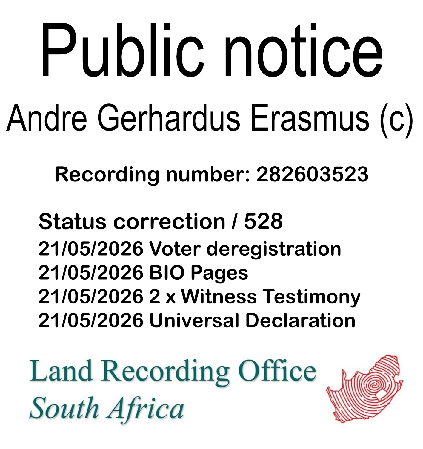 Public notice Andre Gerhardus Erasmus Recording number 282603523